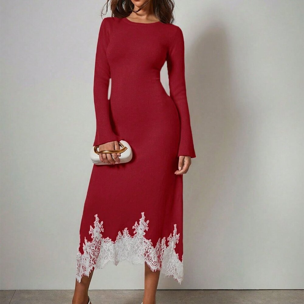 Burgundy Elegant Women's Asymmetrical Flare Sleeve lace detailed Sweater Dress